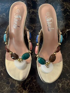 Gold Slide Mules with Multicolor Gem Accents